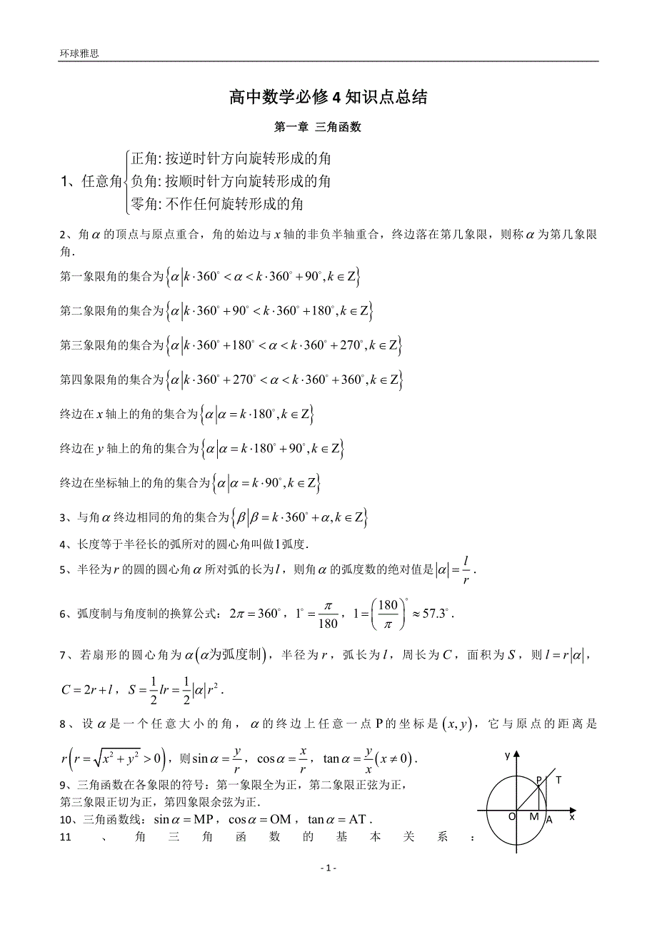 人教高中数学必修4知识点总结 （精选可编辑）.DOC_第1页