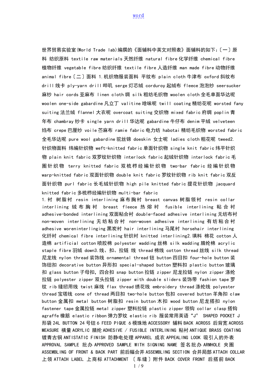 面料名称及面料成份中英文确认表_第1页