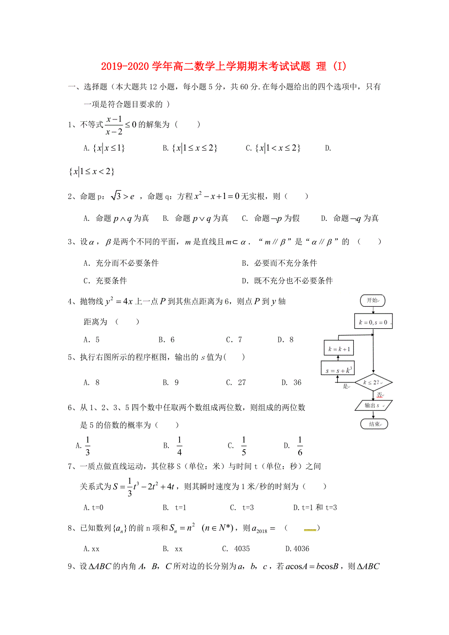 2019-2020学年高二数学上学期期末考试试题 理 (I).doc_第1页