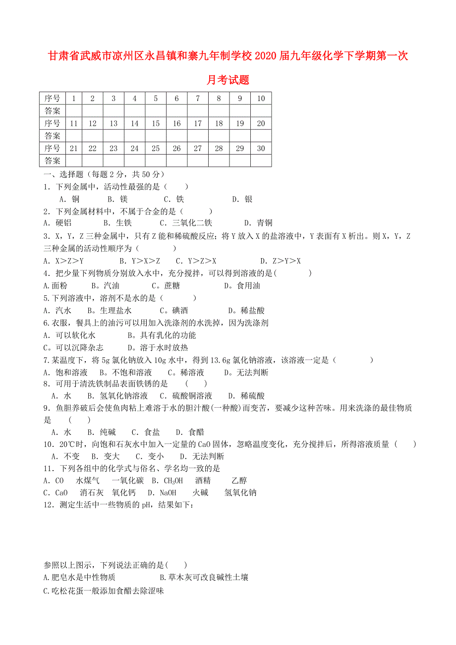 甘肃省武威市凉州区永昌镇和寨九年制学校九年级化学下学期第一次月考试题无答案新人教版_第1页