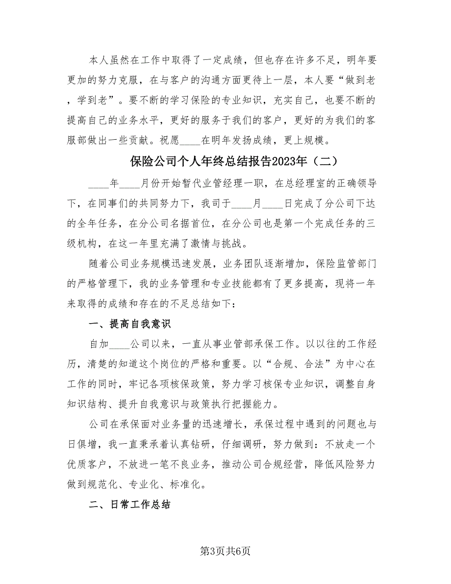 保险公司个人年终总结报告2023年（三篇）.doc_第3页