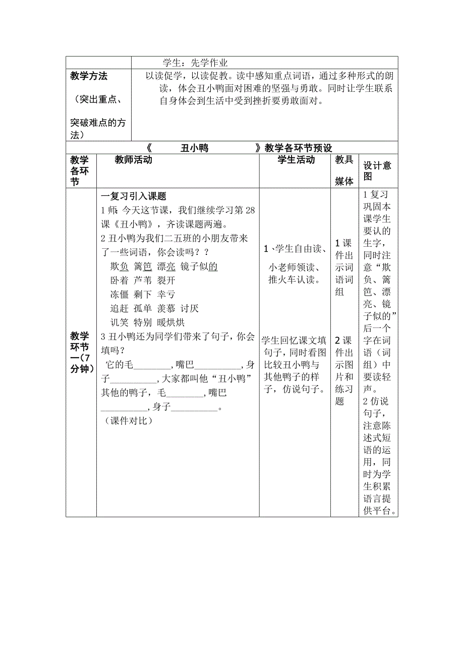 丑小鸭教学设计表格张娟_第2页