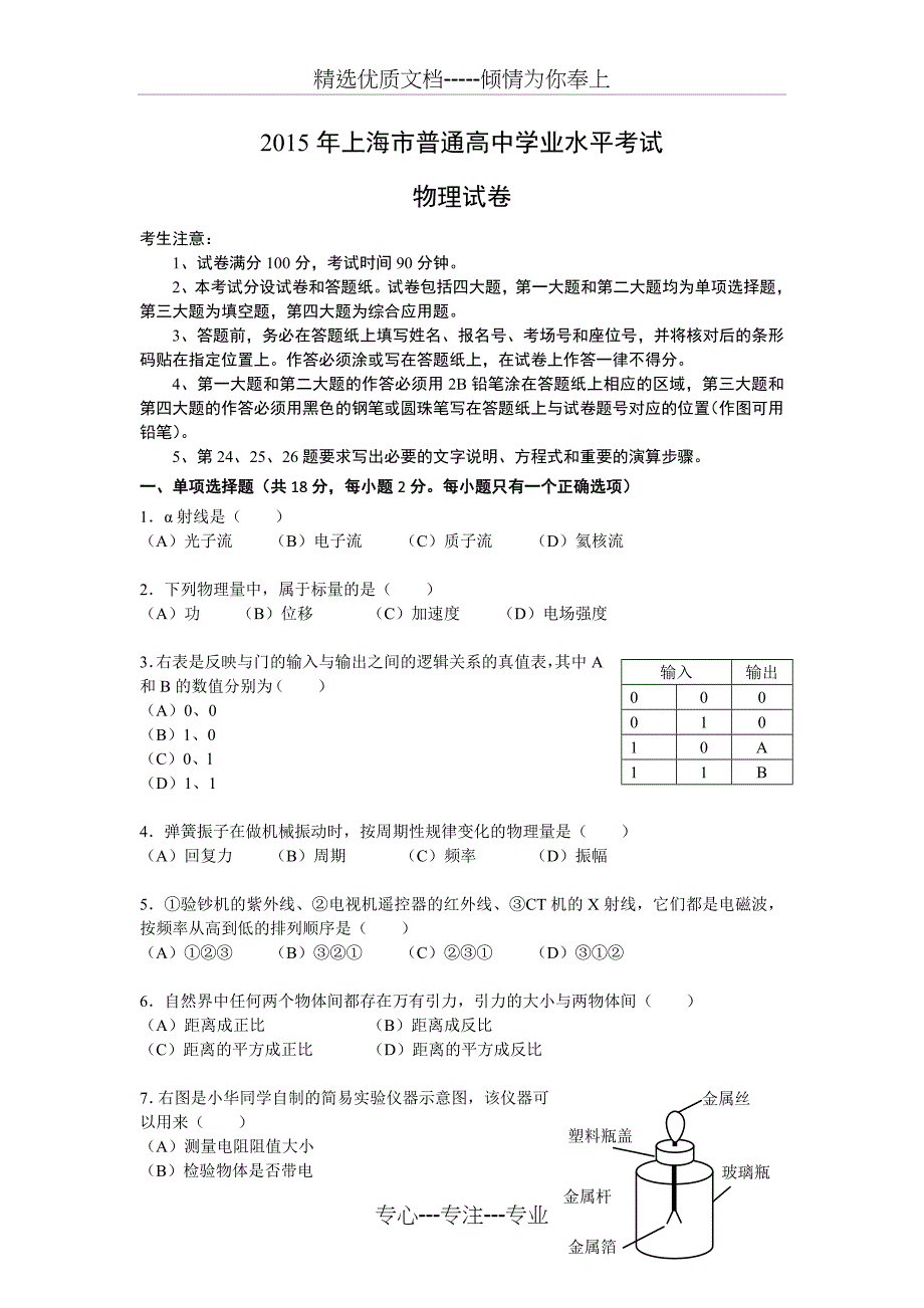 2015年上海市普通高中物理学业合格考试_第1页