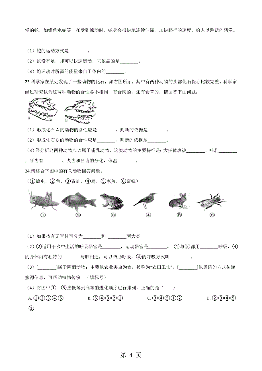 人教版八年级上册生物第五单元第一章动物的主要类群综合测试题无答案_第4页