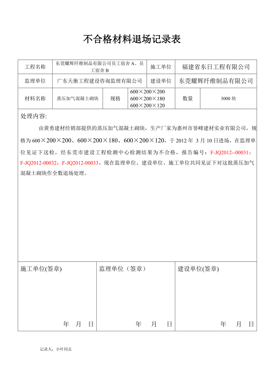 [建筑]不合格材料退场记录表_第1页