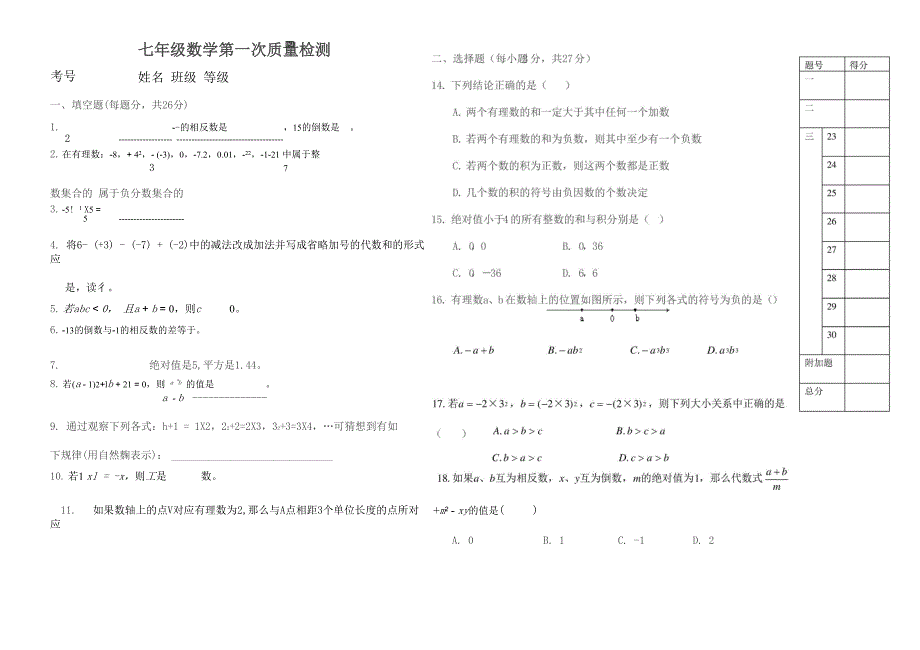 有理数检测题_第1页