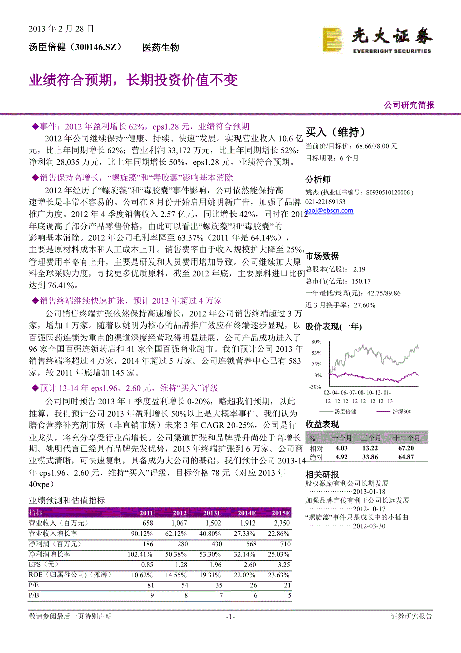 汤臣倍健(300146)公司研究简报：业绩符合预期,长期投资价值不变130228_第1页