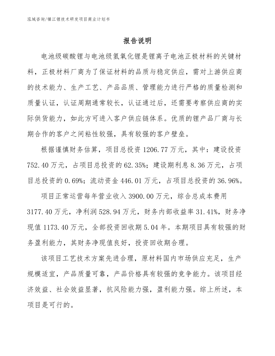 镇江锂技术研发项目商业计划书模板_第1页