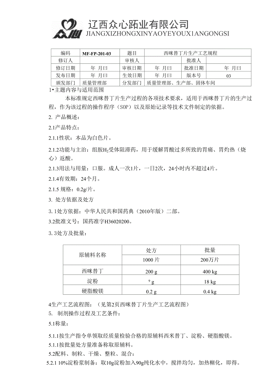 201西咪替丁片工艺规程_第1页