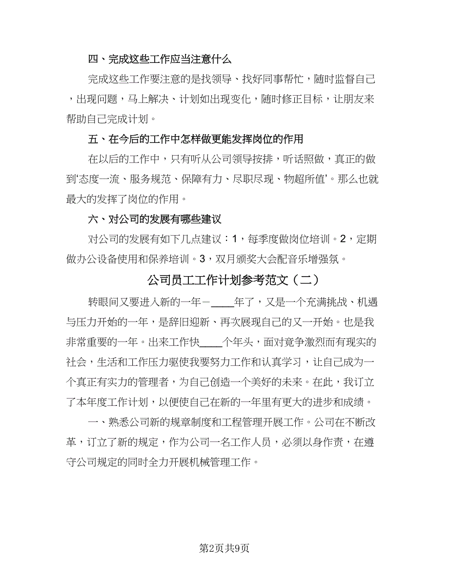 公司员工工作计划参考范文（五篇）.doc_第2页