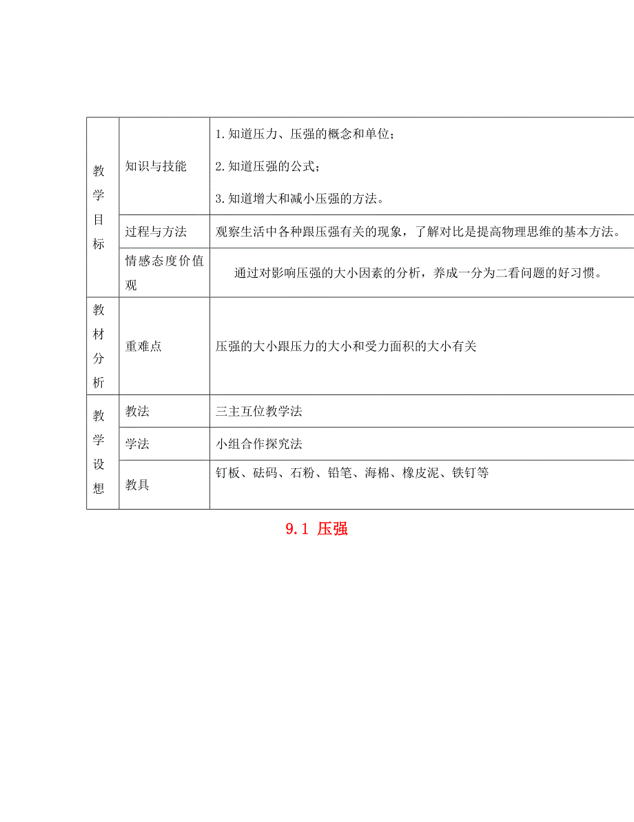 甘肃省庆阳市宁县第五中学八年级物理下册9.1压强第1课时教学案无答案新版新人教版_第1页