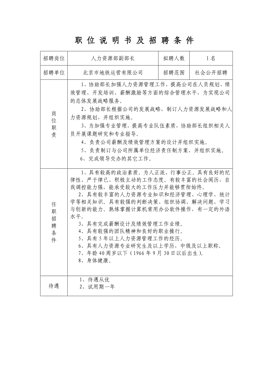 职位说明书及招聘条件---北京地铁_第1页