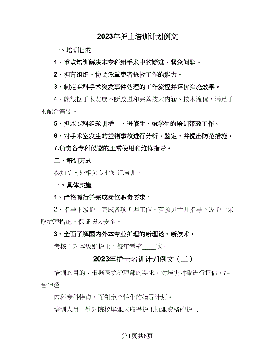 2023年护士培训计划例文（二篇）_第1页