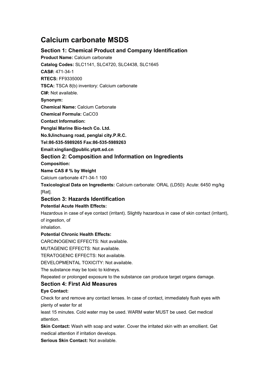 Calcium carbonate MSDS_第1页