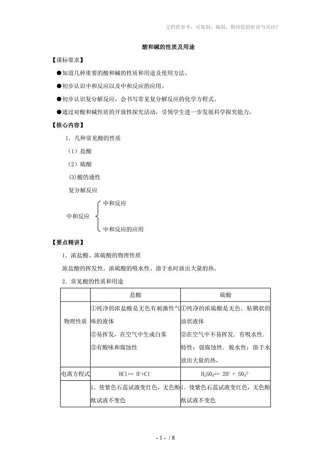 中考化学复习之酸和碱的性质及用途