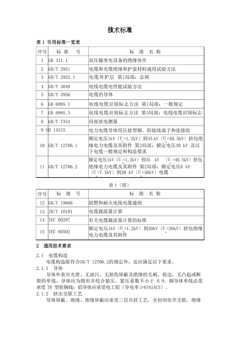 10KV电力电缆所采用的技术规范及标准_第1页