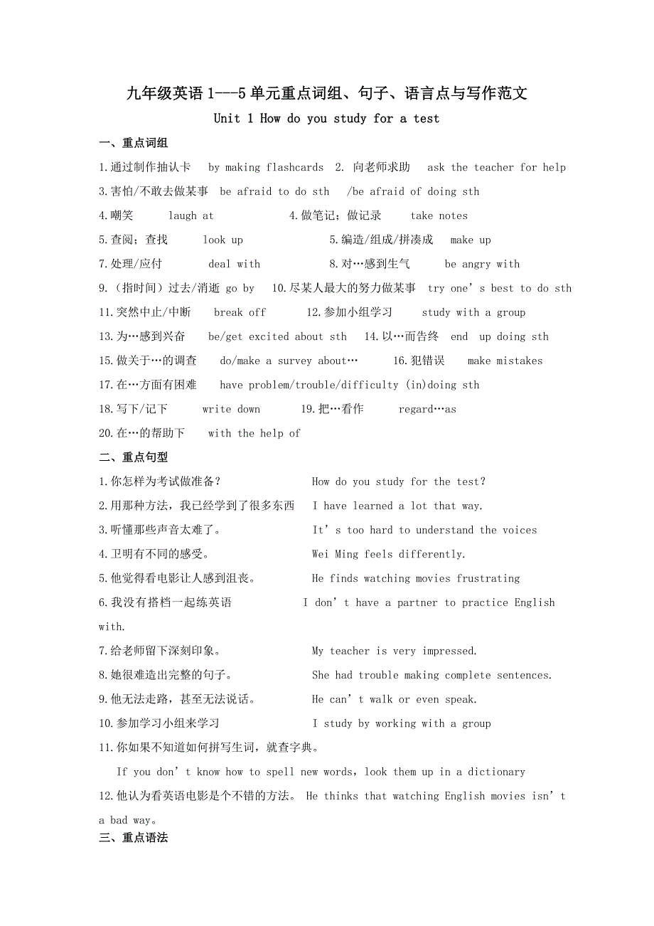 九年级英语1---5单元重点词组、句子、语言点与写作范文_第1页