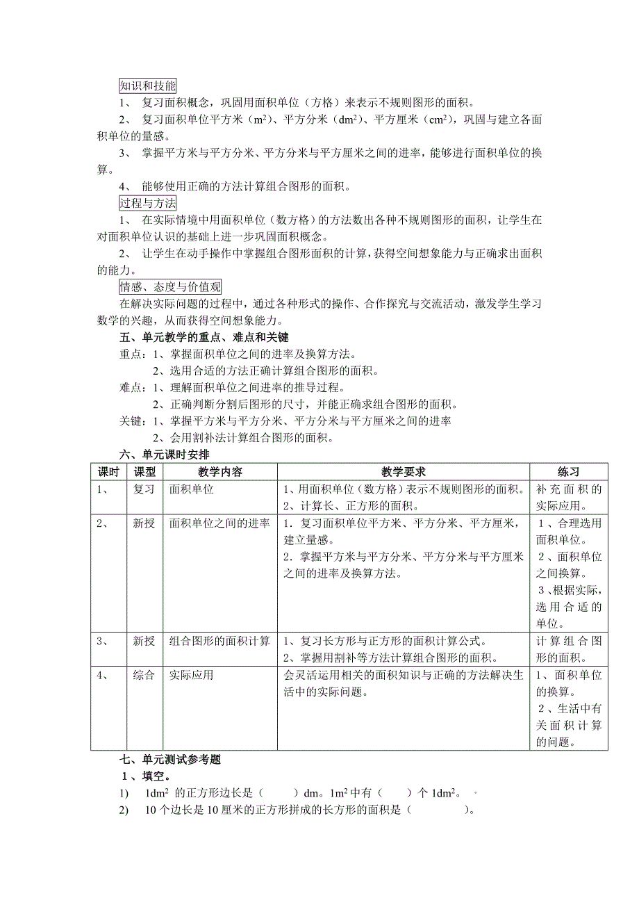 小学数学教学单元计划三(下)_第5页