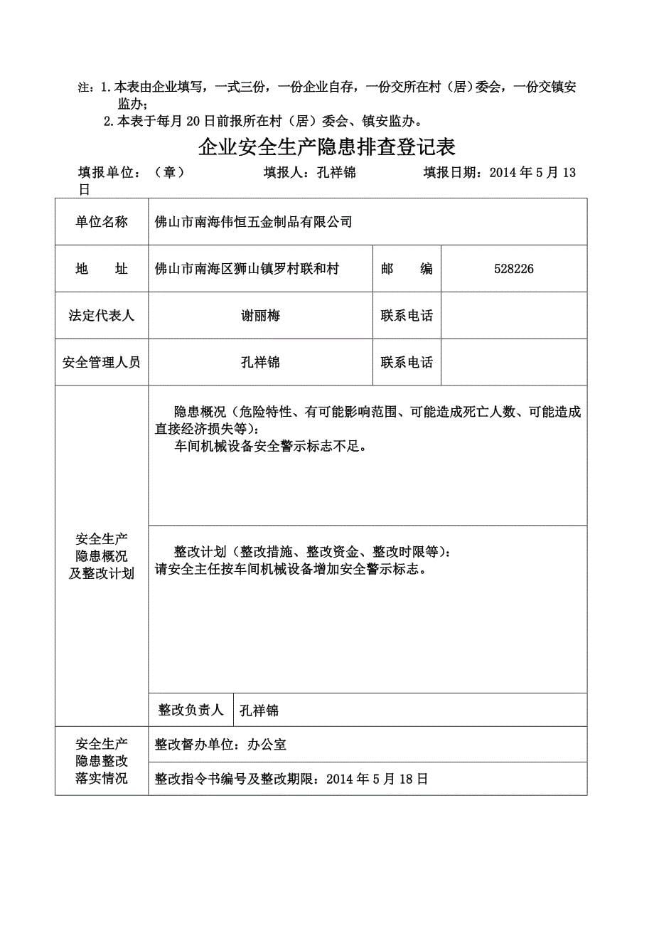 企业安全生产隐患排查登记表_第5页