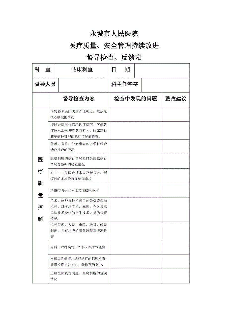 医疗质量、安全管理持续改进督查表_第1页