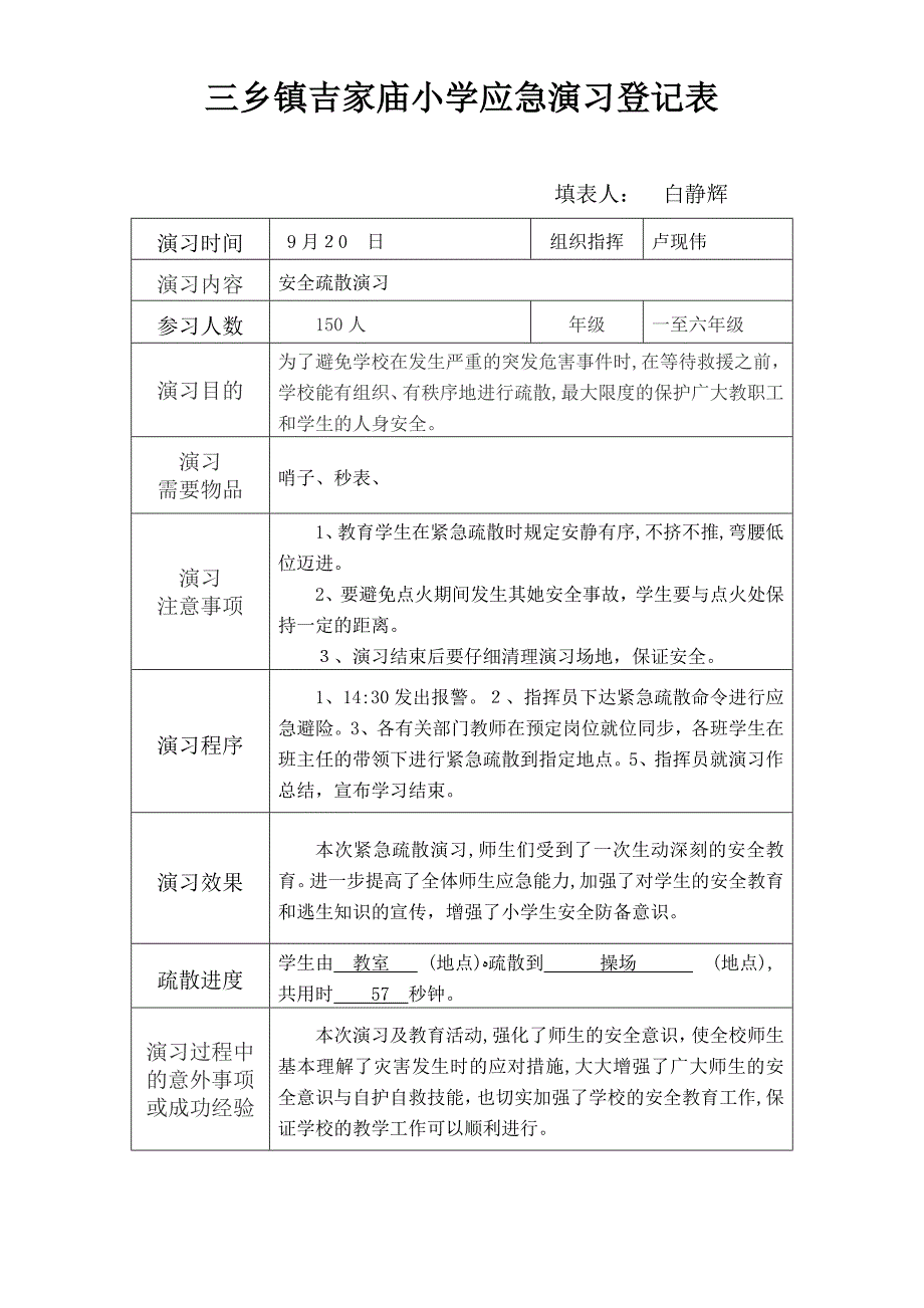 小学应急演练记录表_第1页