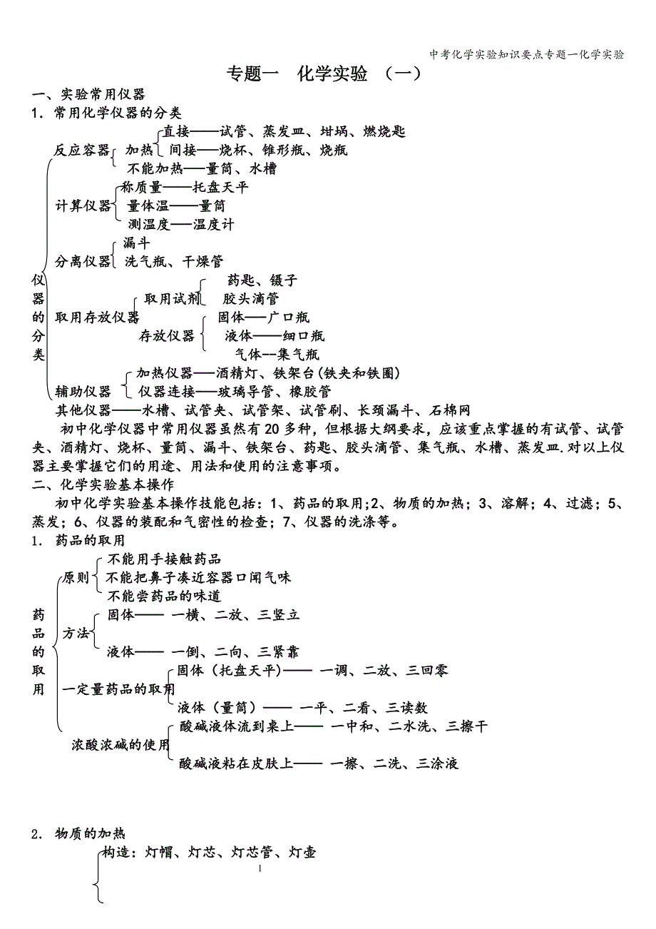 中考化学实验知识要点专题一化学实验.doc_第1页