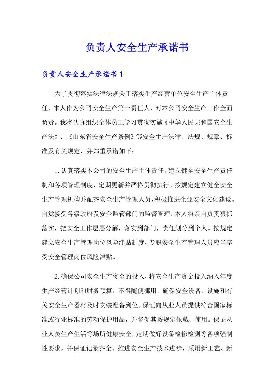 （模板）负责人安全生产承诺书_第1页