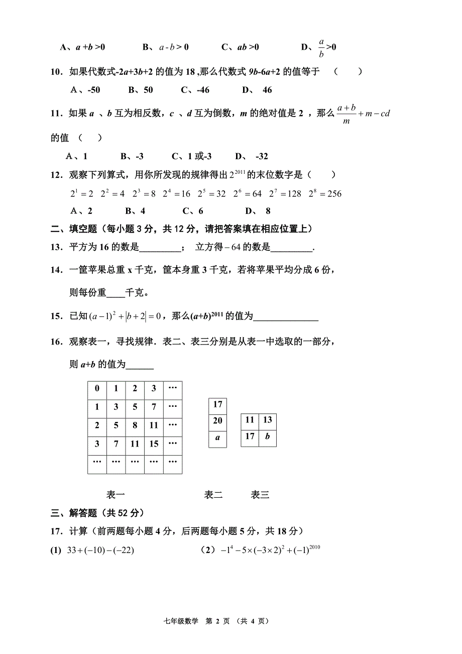 2011-2012学年第一学期期中联考七年级数学试卷_第2页