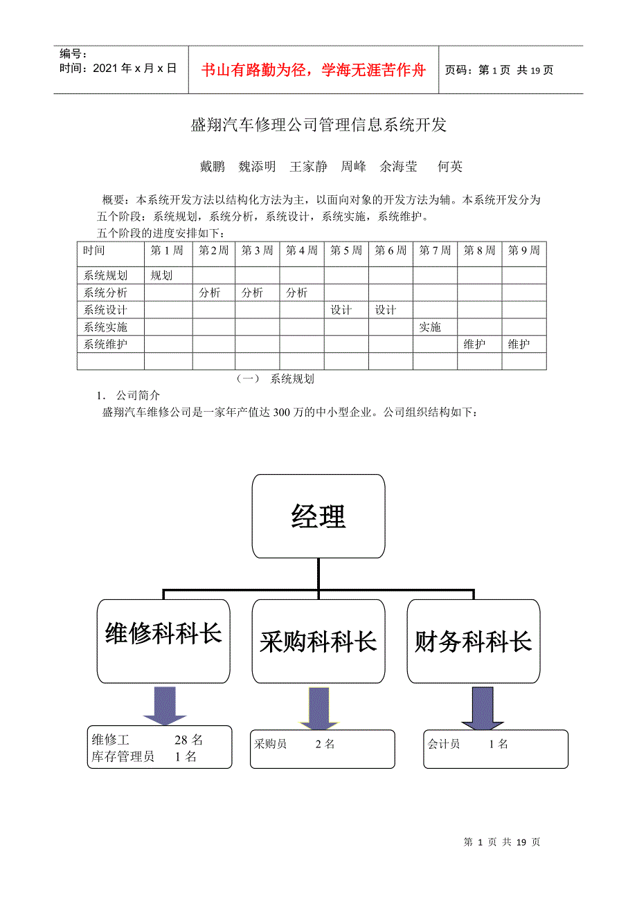 盛翔汽车修理公司管理信息系统开发_第1页