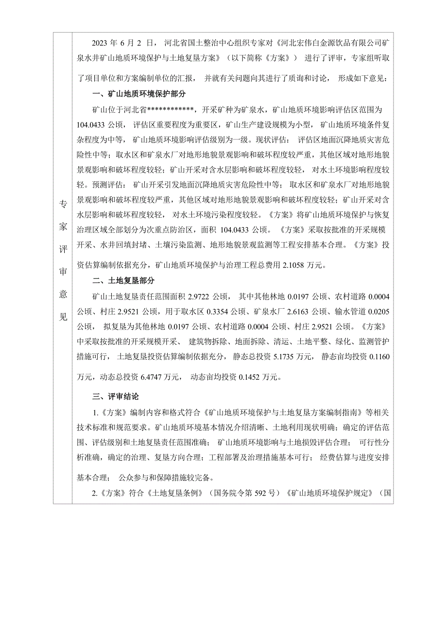 河北宏伟白金源饮品有限公司矿泉水井矿山地质环境保护与土地复垦方案评审意见书.docx_第2页