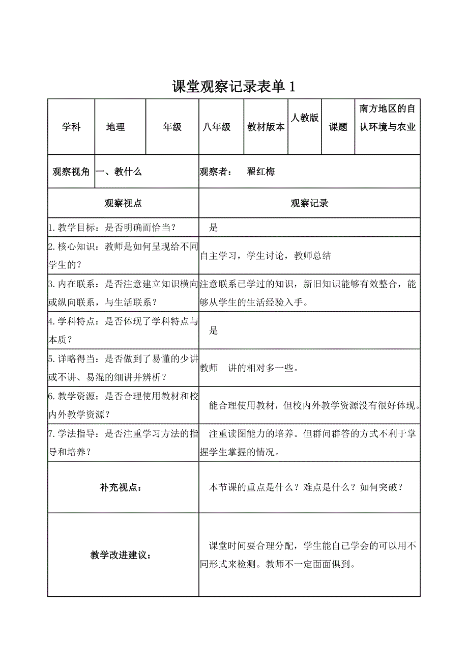 【翟红梅】课堂观察记录表单_第1页