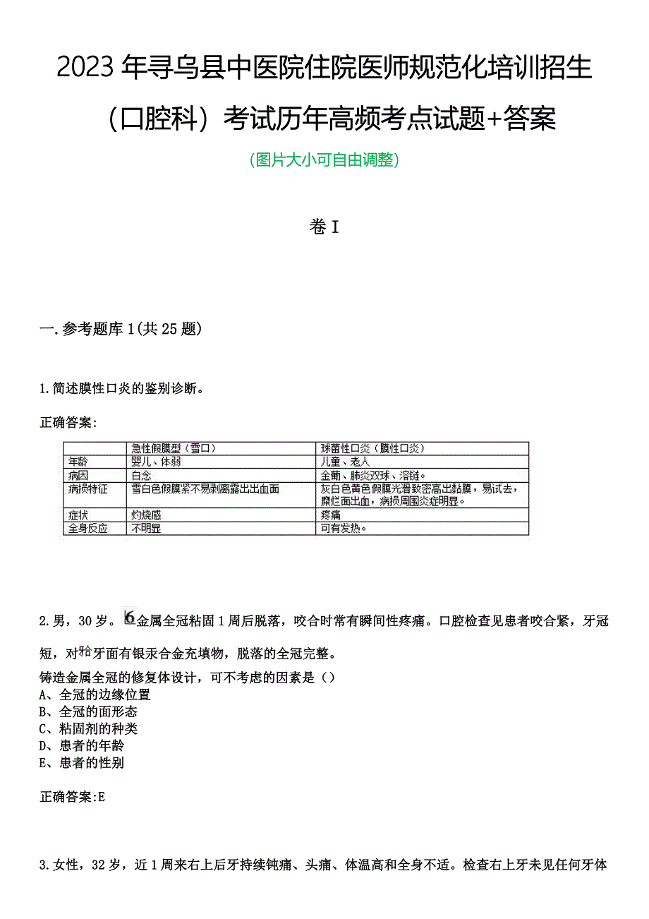 2023年寻乌县中医院住院医师规范化培训招生（口腔科）考试历年高频考点试题+答案_第1页