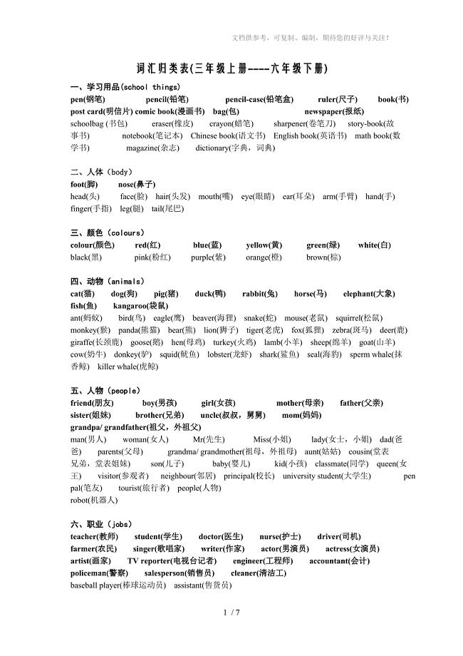 PEP全册词汇归类表(三-六年级)