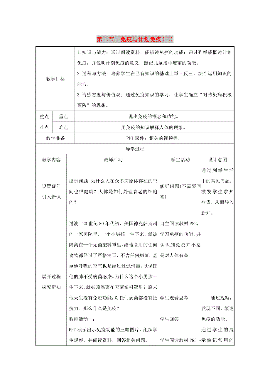 八年级生物下册 第八单元 健康地生活 第一章 传染病和免疫 第2节 免疫与计划免疫（二）教案 新人教版.doc_第1页