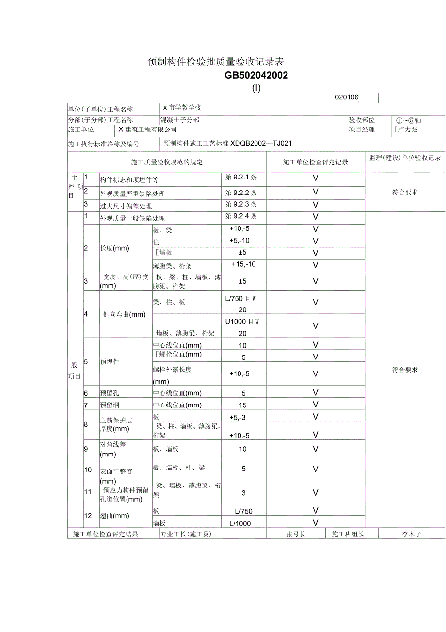 预制构件检验批质量验收记录表_第1页