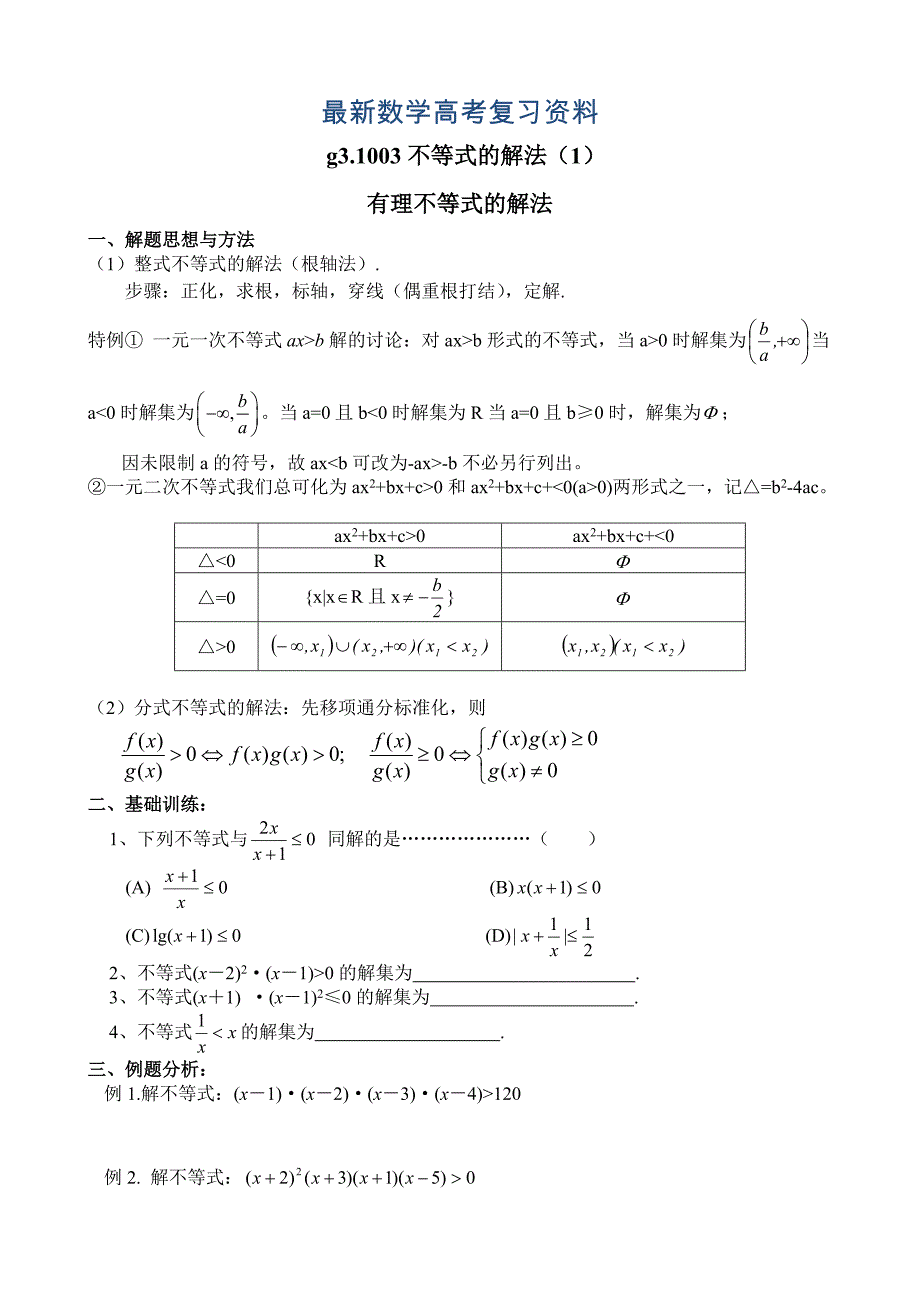 最新高考数学第一轮总复习100讲第03不等式的解法1_第1页