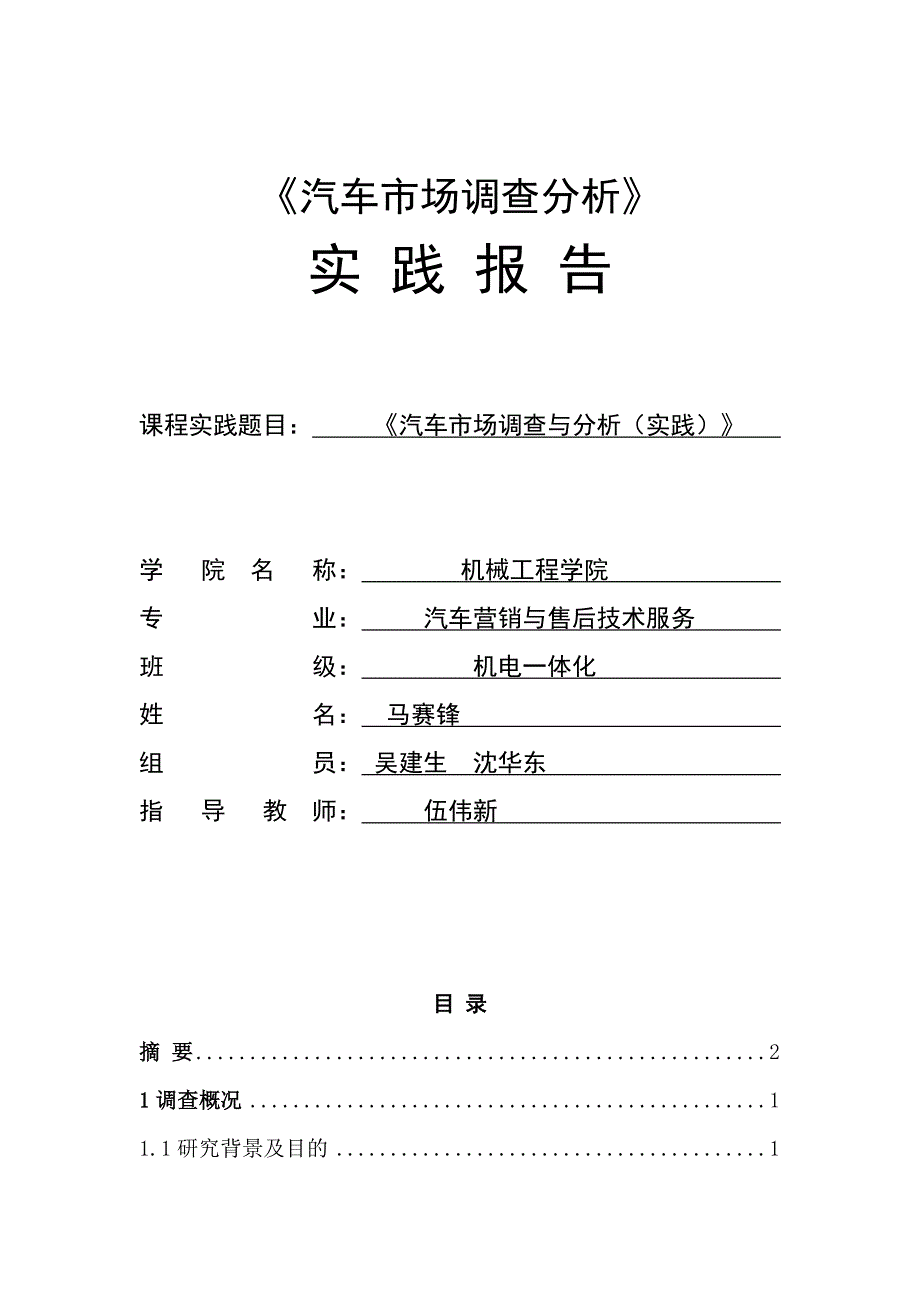 汽车市场调查分析实践报告_第1页