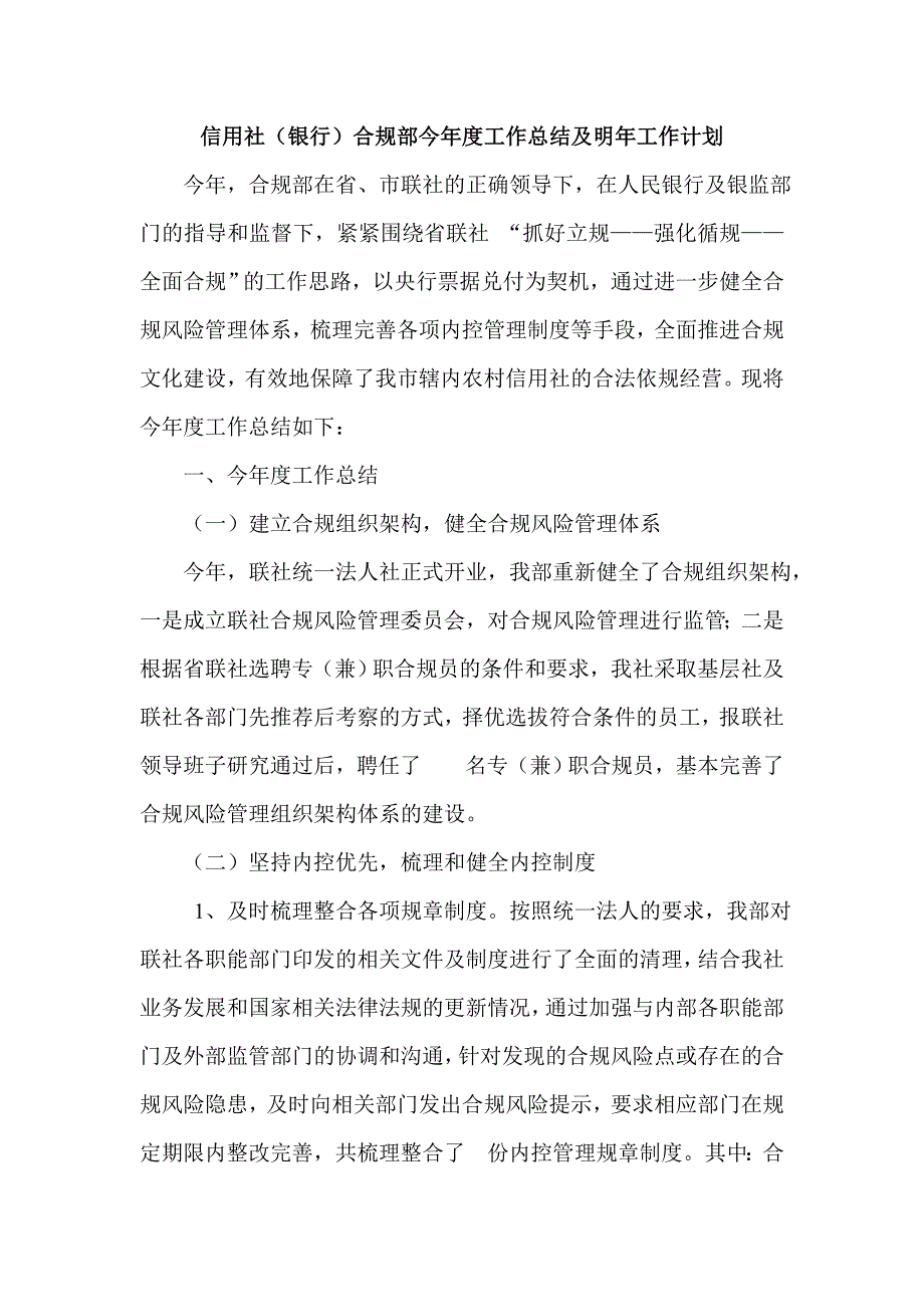 信用社(银行)合规部今年度工作总结及明年工作计划_第1页