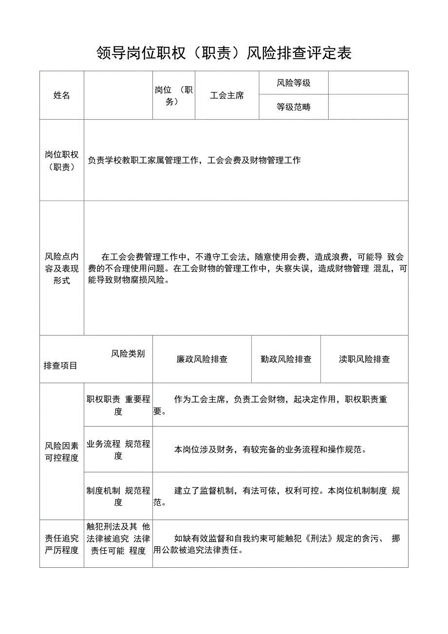 工会主席岗位风险排查表 2_第1页
