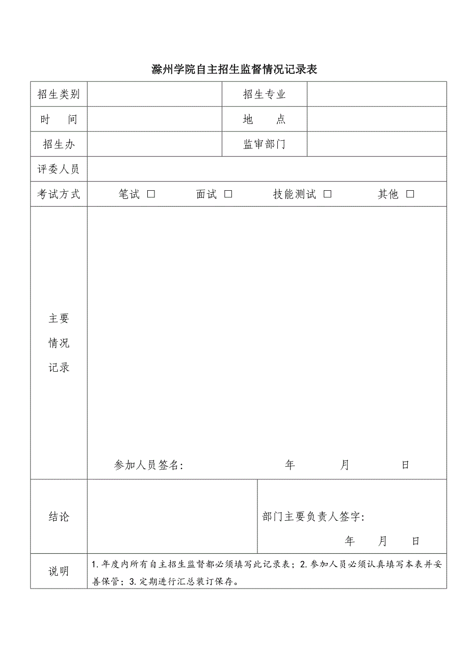 滁州学院自主招生监督情况记录表_第1页