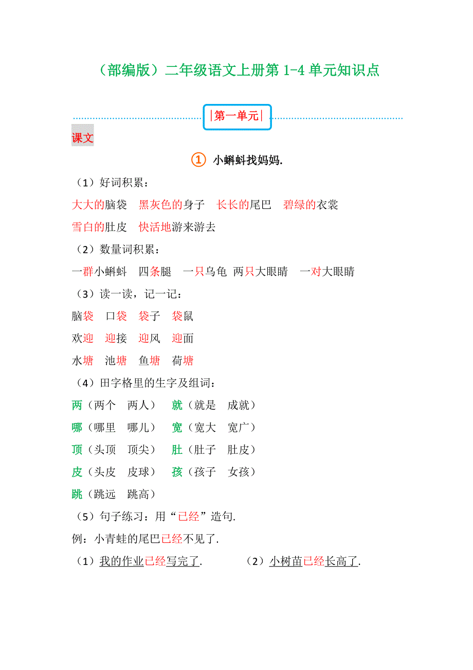 部编版二年级语文上册第1-4单元知识点(暑期必看).doc_第1页