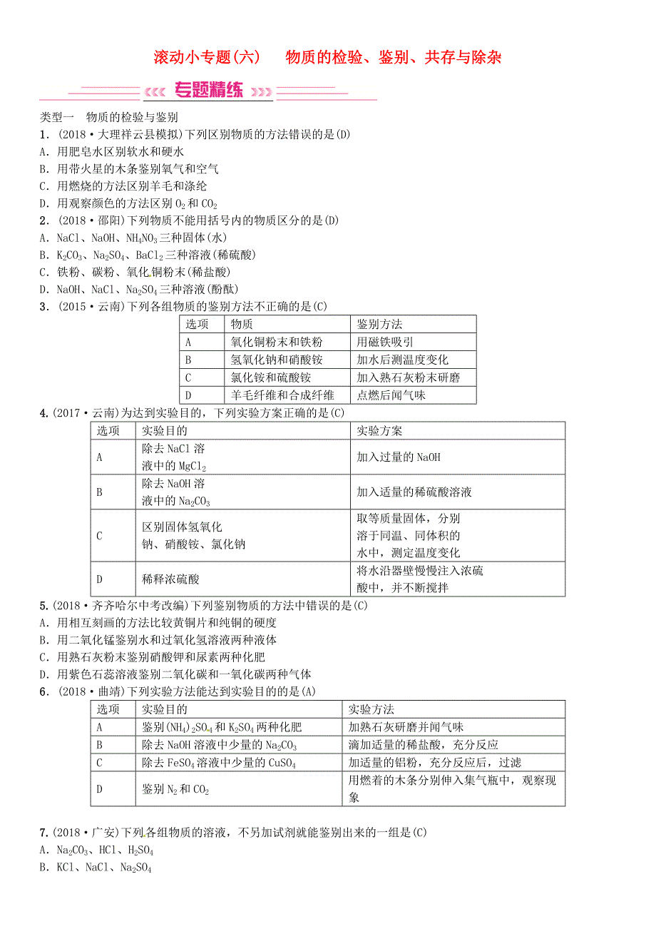 云南专版2019年中考化学总复习滚动小专题六物质的检验鉴别共存与除杂习题_第1页