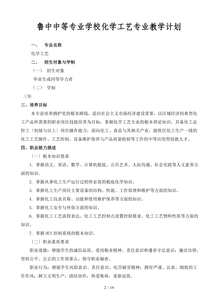 化工专业教学计划样稿_第2页