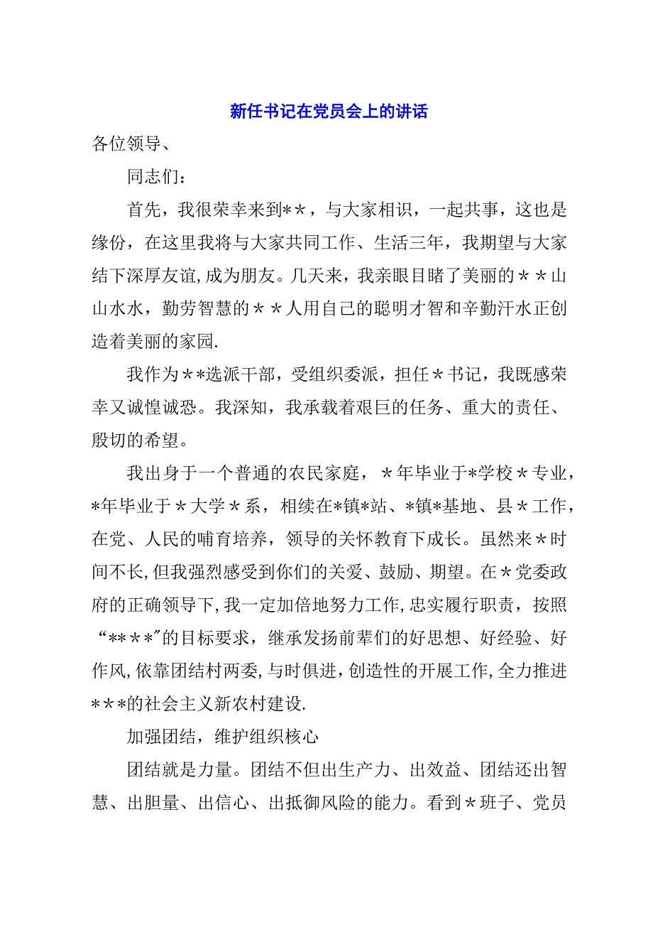 新任书记在党员会上的演讲稿.docx_第1页