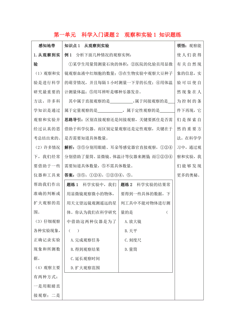 七年级科学上册《实验和观察》同步练习1-浙教版_第1页