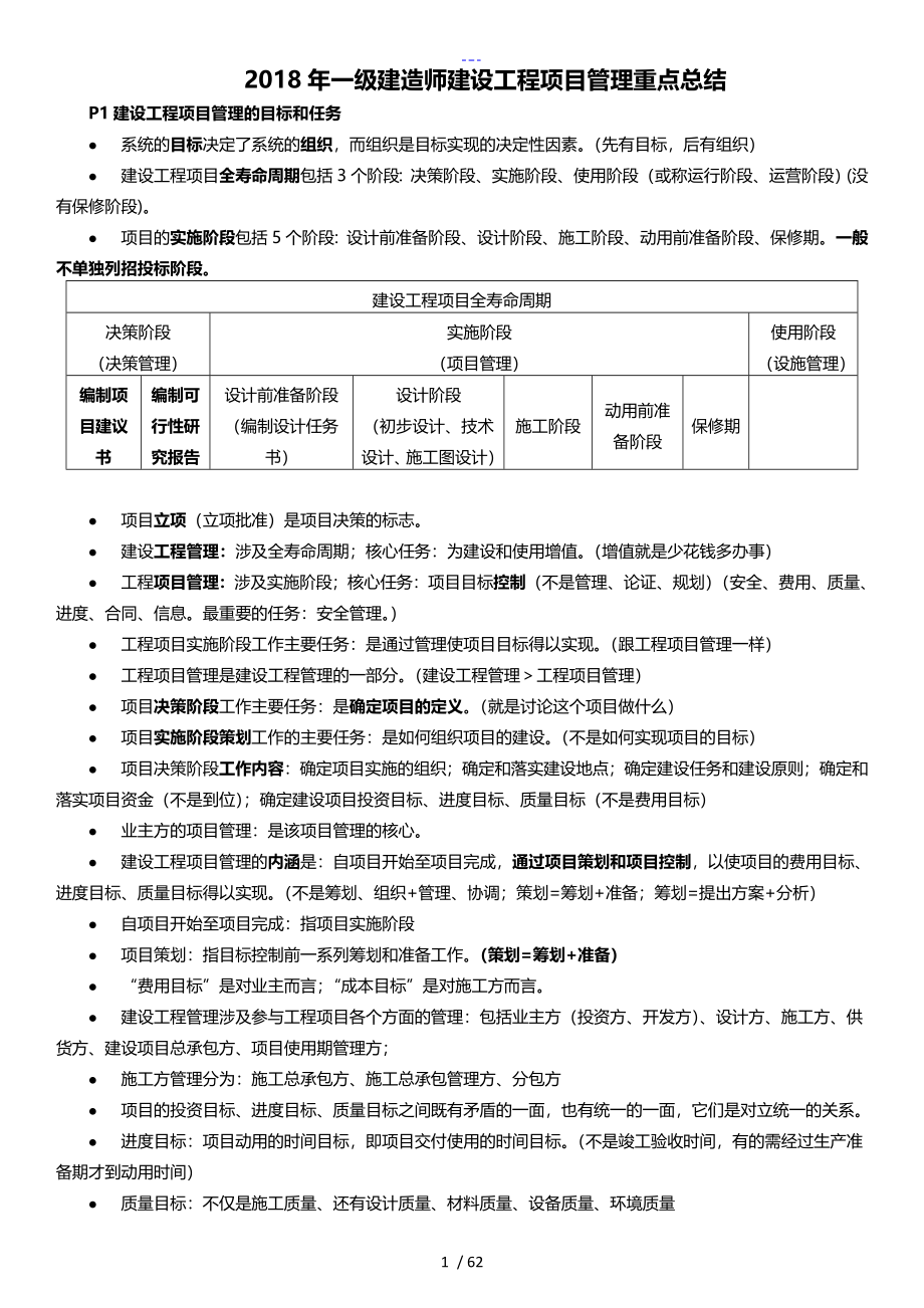 2018一建项目管理知识点整理(可打印)_第1页