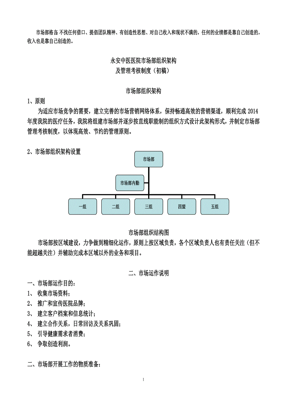 医院市场部组织架构及管理考核制度.docx_第1页