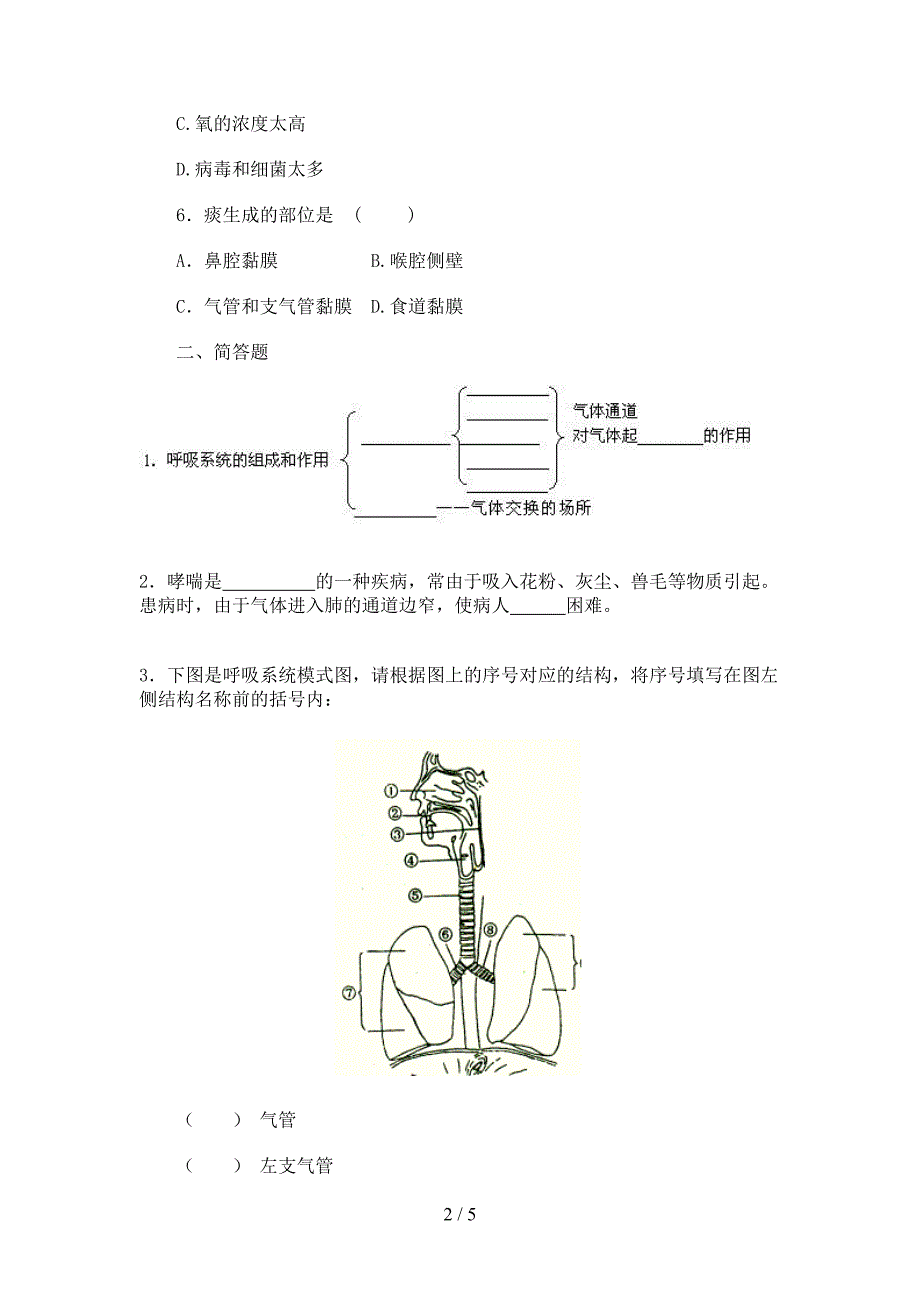 最新人教版七下生物呼吸道对空气的处理习题(DOC 5页)_第2页