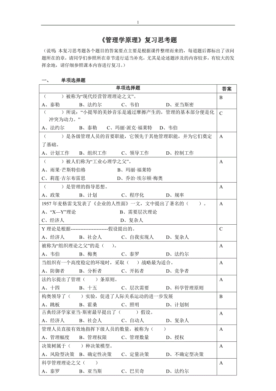 精品资料（2021-2022年收藏的）管理学原理复习思考题2015.06剖析_第1页