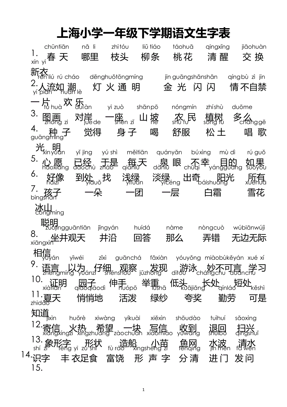 一年级下学期语文生字表(带拼音)(上海).doc_第1页